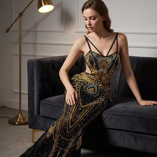 Black Gold Crystal Rhinestone Backless Mermaid Gown-Noir Thread