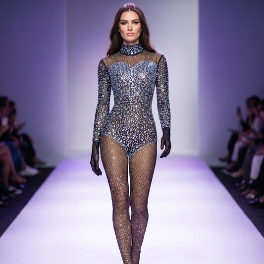 Silver Crystal Rhinestone Fishnet Catsuit Tight Fitting Jumpsuit Bodysuit