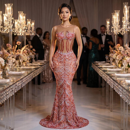 Red Crystal Rhinestone Sheer Illusion Mermaid Gown-Red Sun
