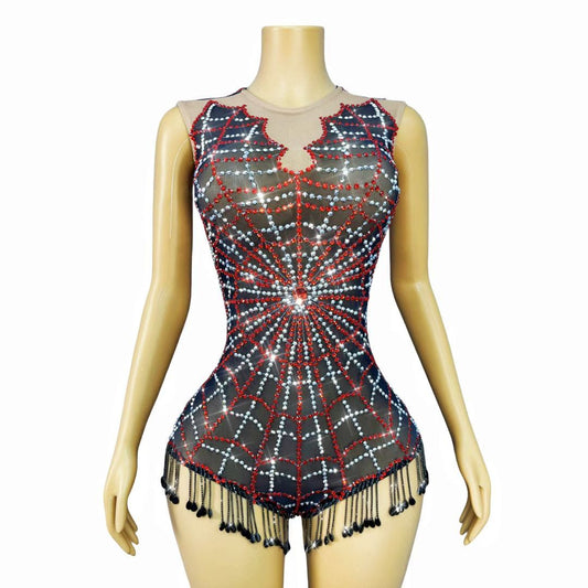 Red Crystal Spider Web Rhinestone Bodysuit-Red Spider