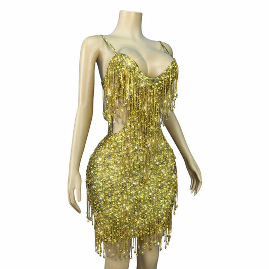 Gold Crystal Tassel Rhinestone Mini Dress-Gold mine
