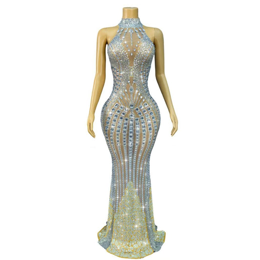 Luxury Crystal Mermaid Evening Gown | Rhinestone Halter Dress-Sheen