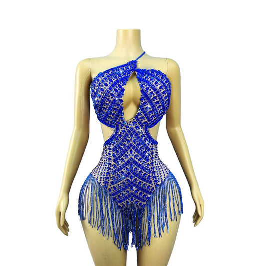 Royal Blue Crystal Tassel Cutout Halter Bodysuit – Sapphire Storm