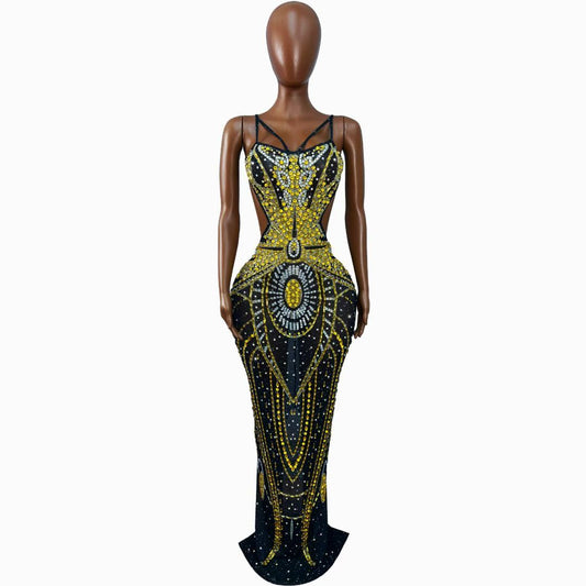 Black Gold Crystal Rhinestone Backless Mermaid Gown-Noir Thread