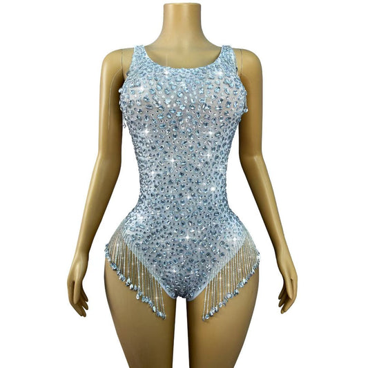 Silver Crystal Tassel Tank Bodysuit Stage Costume – Stardust Rain