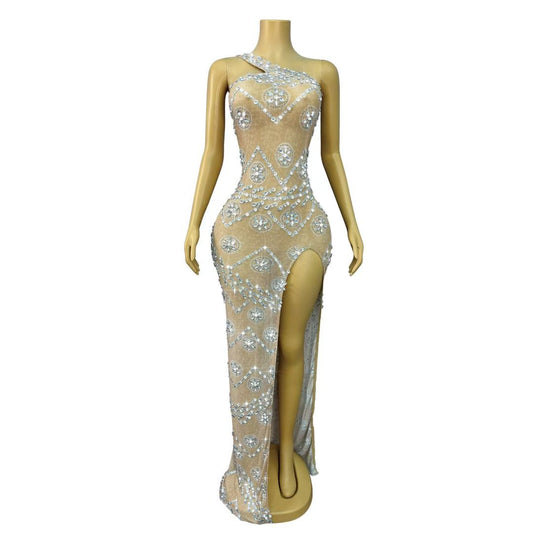 Silver Crystal Floral Rhinestone One-Shoulder Slit Maxi Gown-Rotfleur