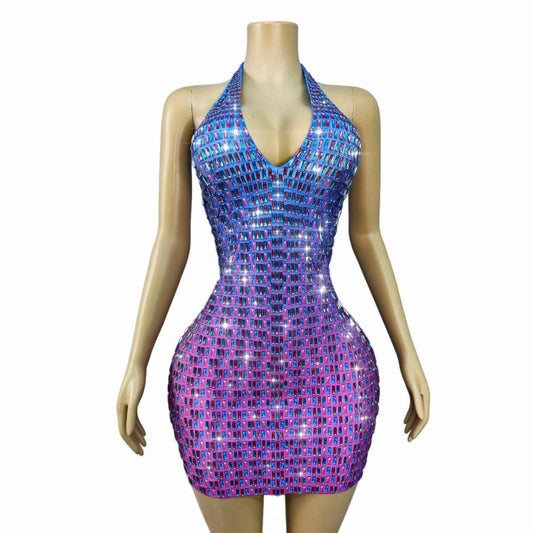 Blue Purple Gradient Baguette Crystal Halter Mini Dress – Galaxy Disco