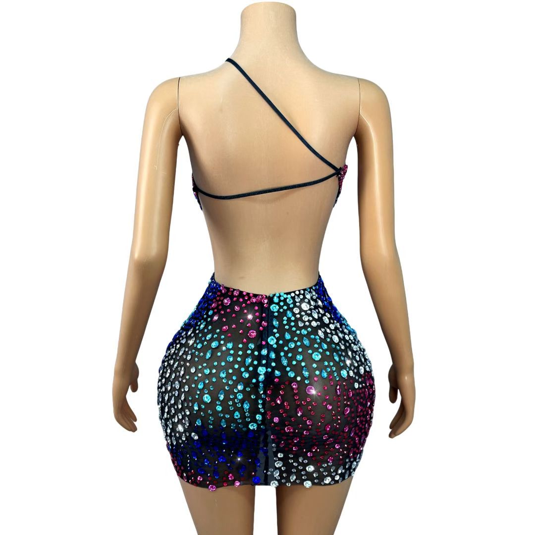 Multicolor Crystal Cutout Halter Mini Dress – Aurora Burst