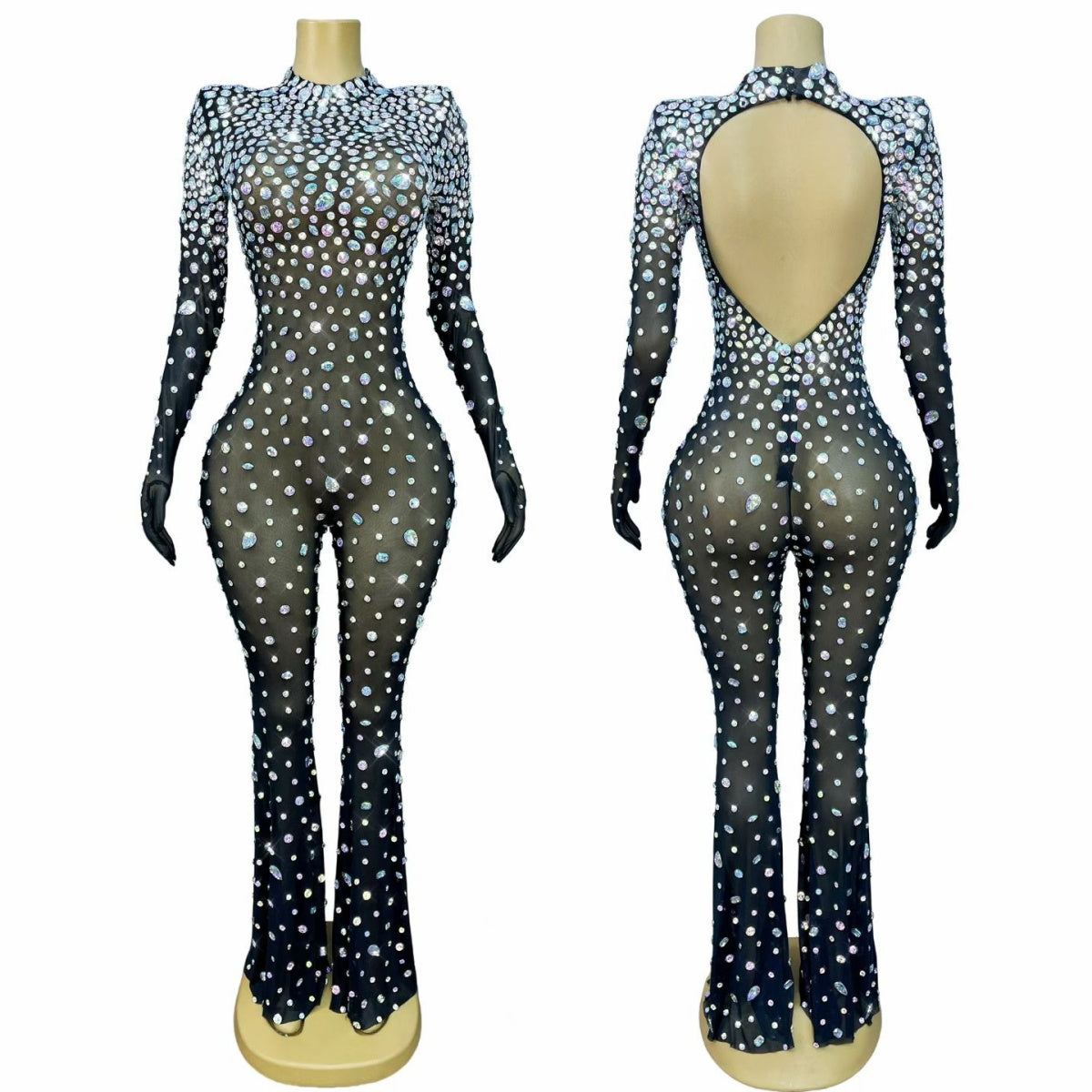 Crystal Rhinestone Event Show See Through Mesh Women Jumpsuit
