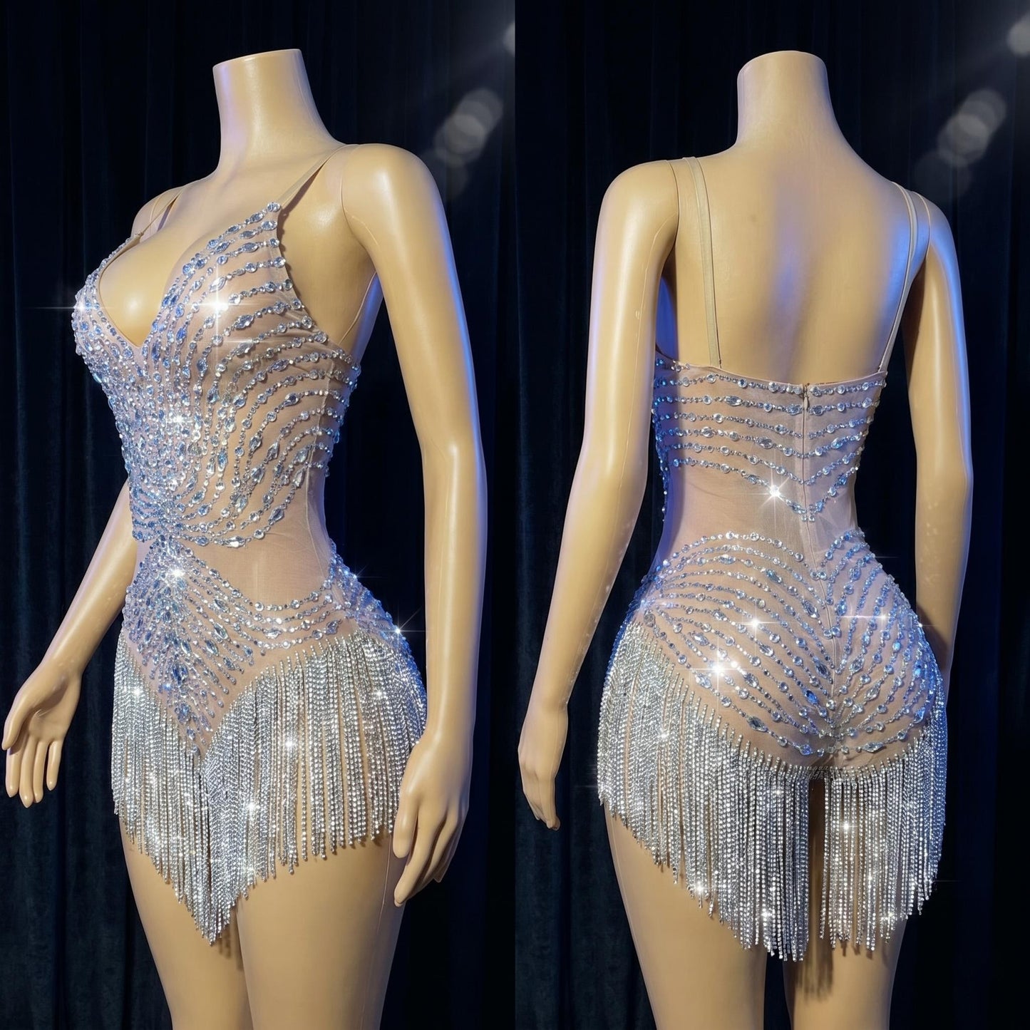 Silver Crystal Tassel Bodysuit | Stage Fringe Costume – Moonlight Cascade
