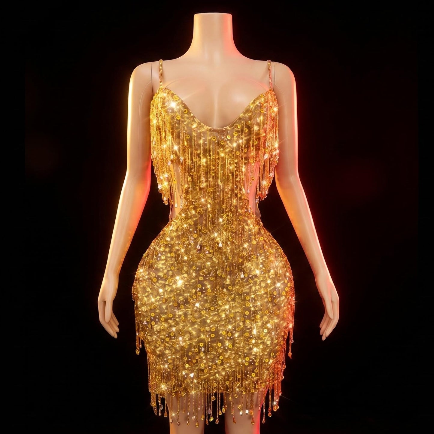 Gold Crystal Tassel Rhinestone Mini Dress-Gold mine