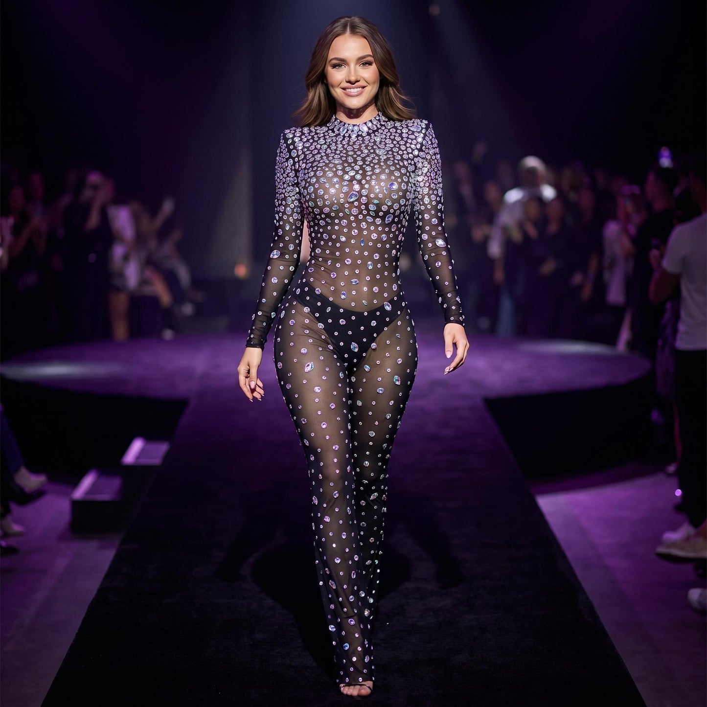 Crystal Rhinestone Event Show See Through Mesh Women Jumpsuit
