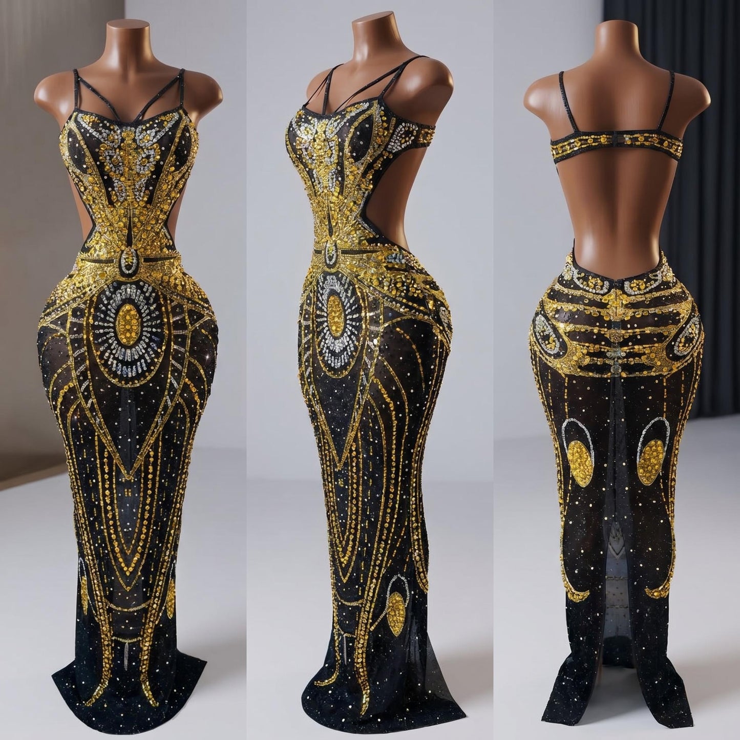 Black Gold Crystal Rhinestone Backless Mermaid Gown-Noir Thread