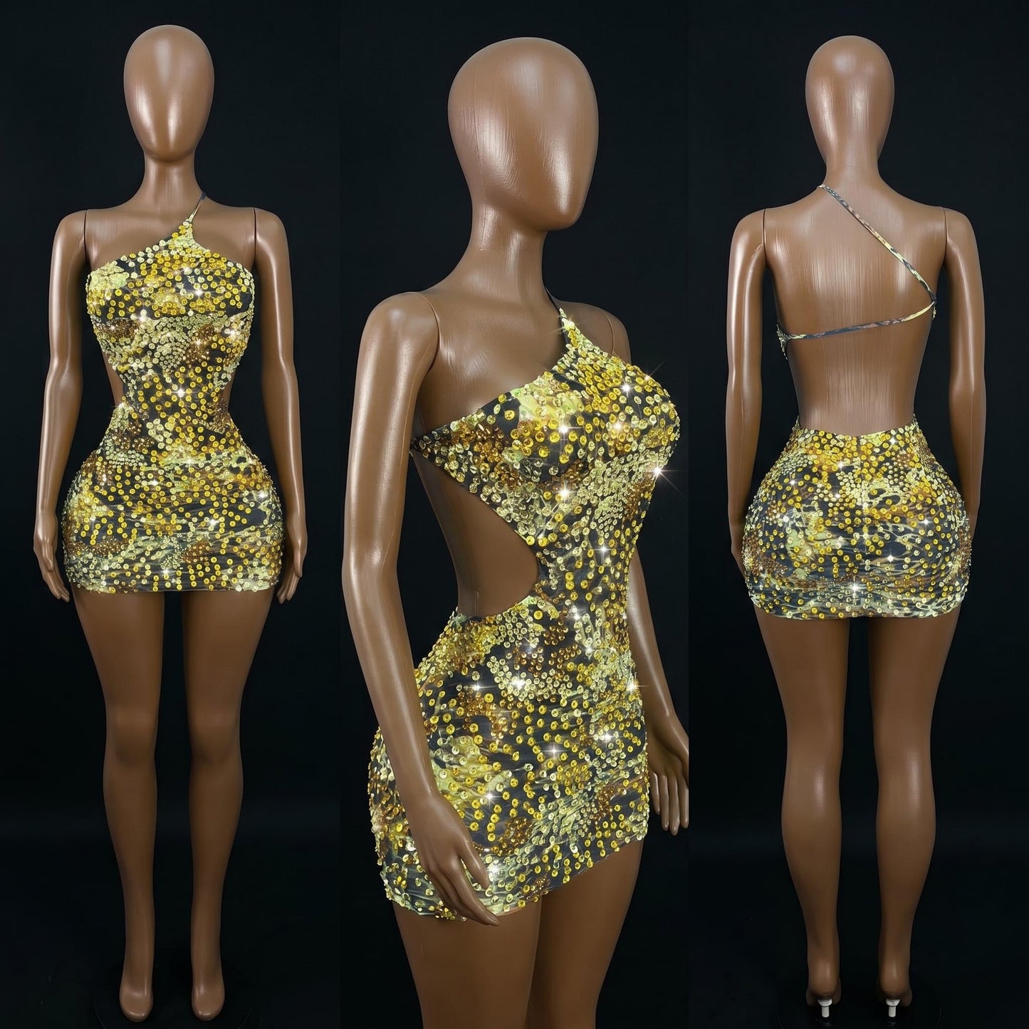Leopard Print Crystal Cutout Rhinestone Mini Dress-Amber Glow