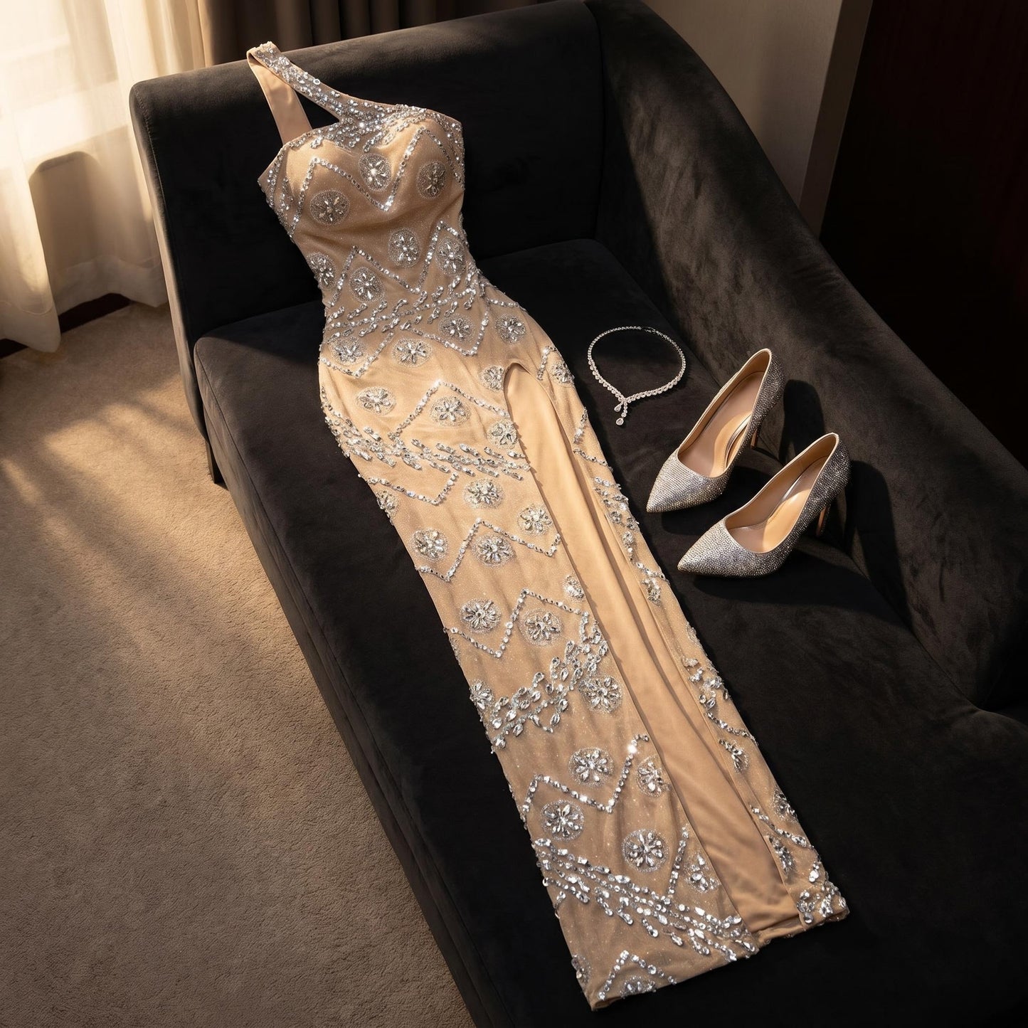 Silver Crystal Floral Rhinestone One-Shoulder Slit Maxi Gown-Rotfleur