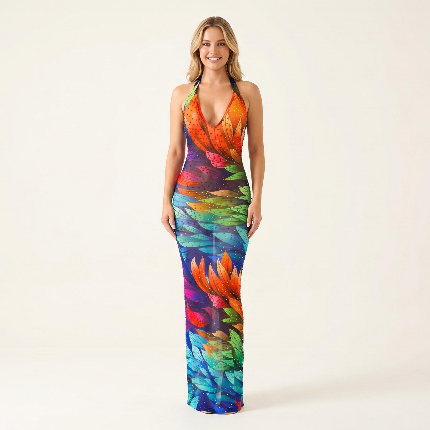 Rainbow Flame Crystal Rhinestone Halter Maxi Dress-Color-leafed