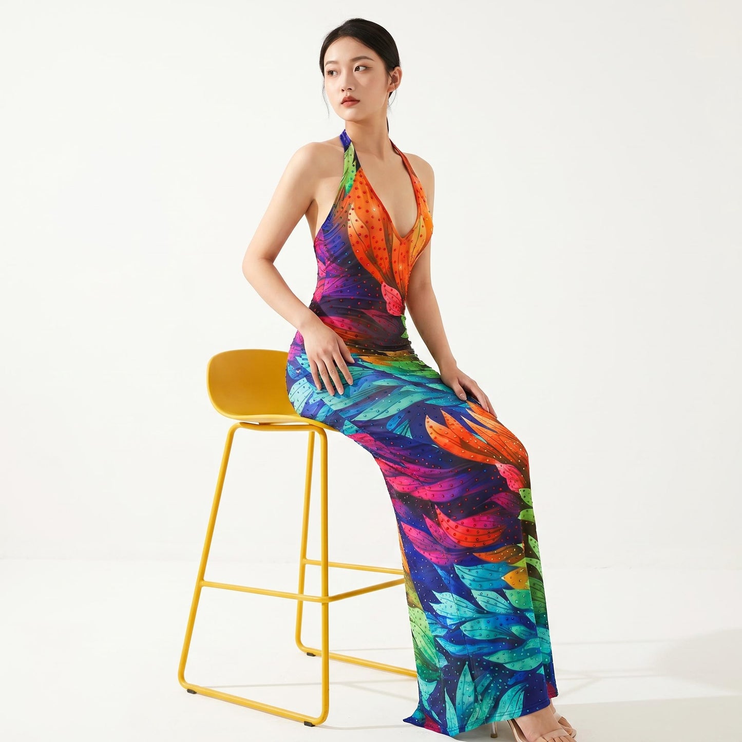 Rainbow Flame Crystal Rhinestone Halter Maxi Dress-Color-leafed