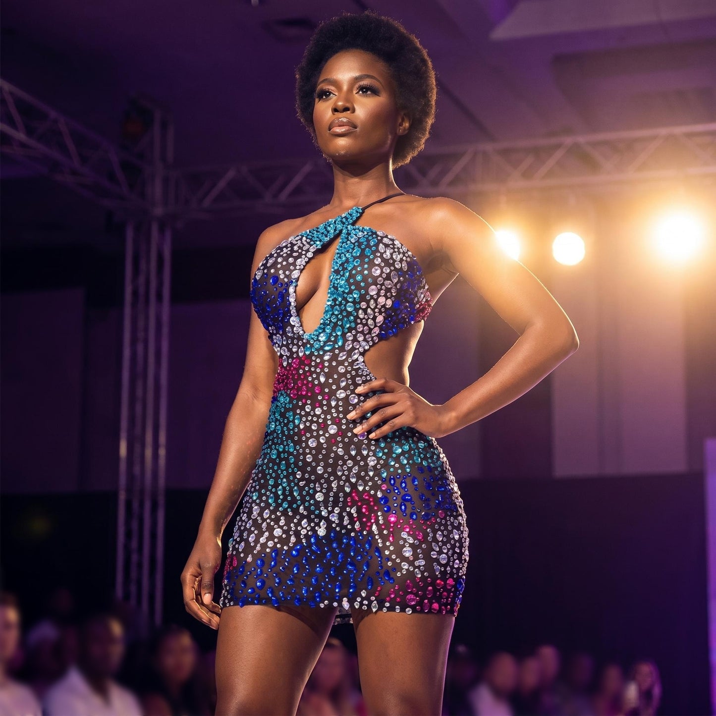 Multicolor Crystal Cutout Halter Mini Dress – Aurora Burst