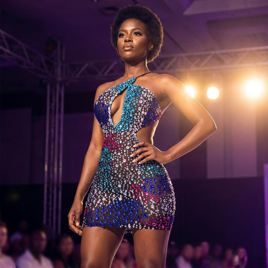 Multicolor Crystal Cutout Halter Mini Dress – Aurora Burst