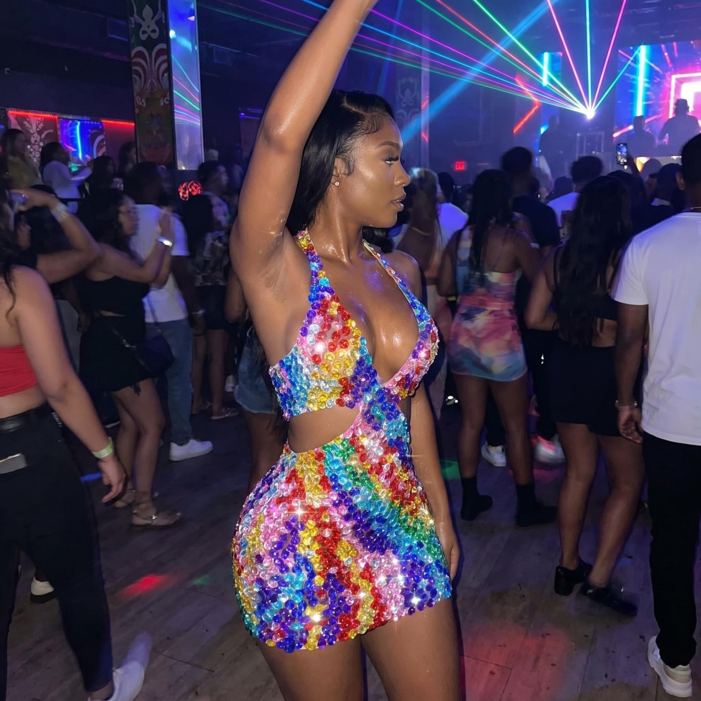 Rainbow Crystal Cutout Rhinestone Mini Dress-Palette