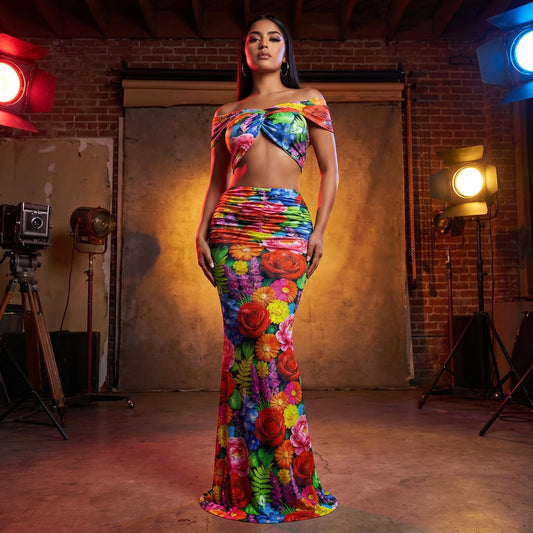 Colorful Floral Crystal Rhinestone Off-Shoulder Mermaid Gown Set – Garden Bloom
