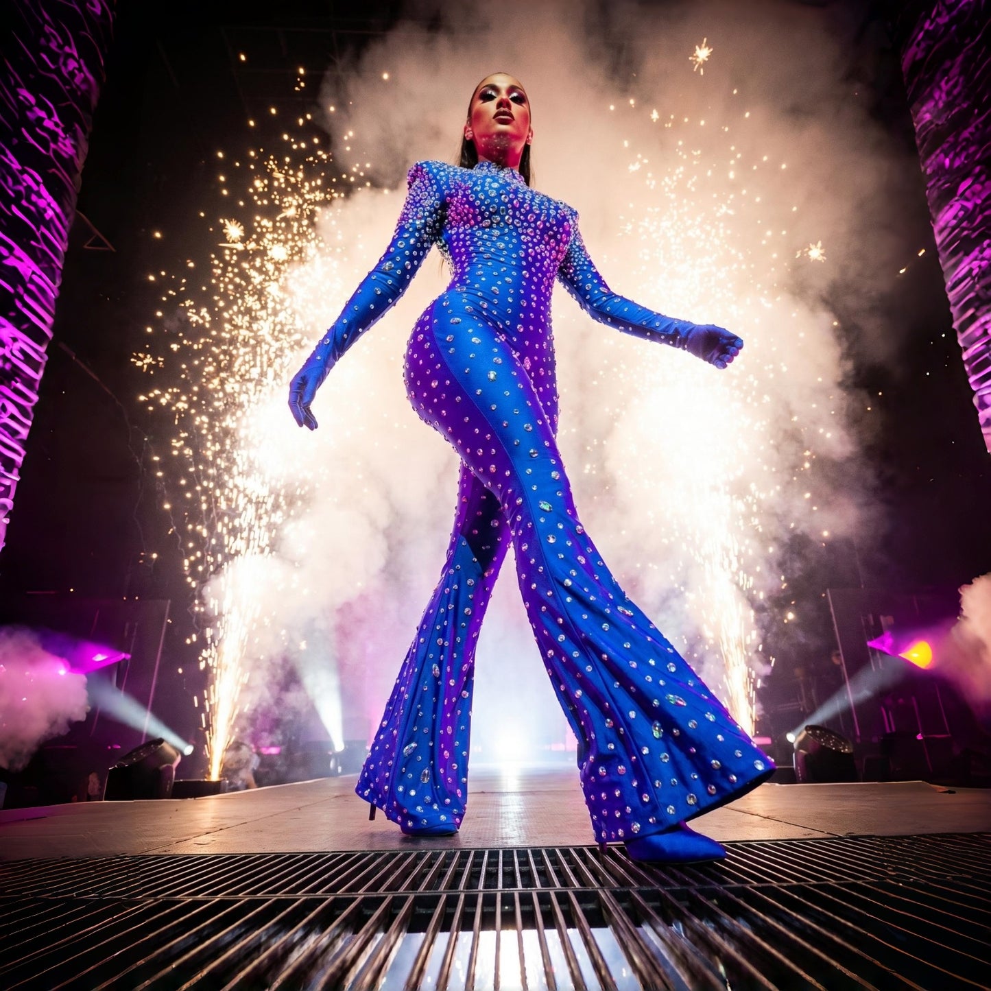 Sparkly Crystal Star Jumpsuit – Stage Queen Edition | Hand-Embellished Flared Bodysuit