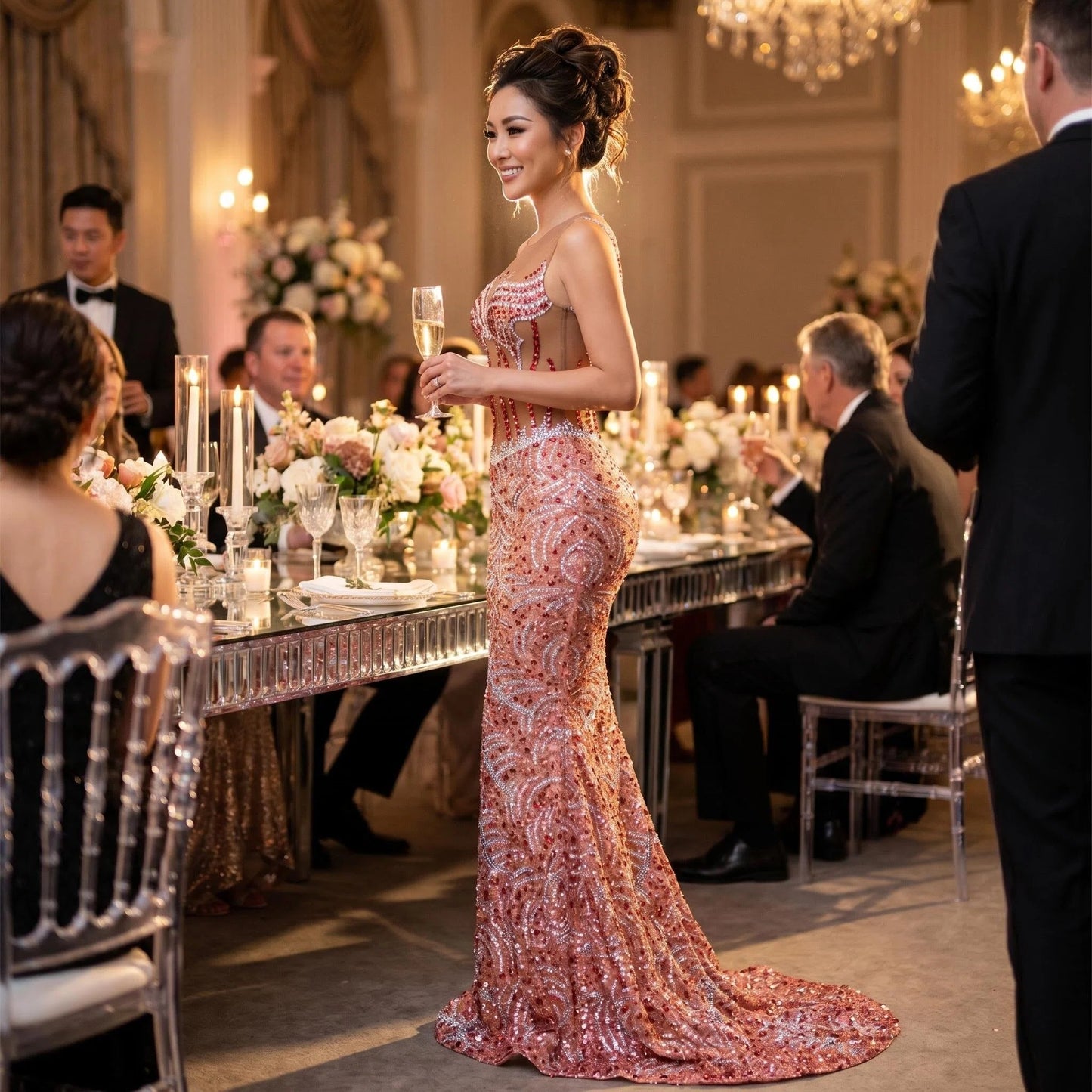 Pink Crystal Rhinestone Sheer Illusion Mermaid Gown-Red Sun