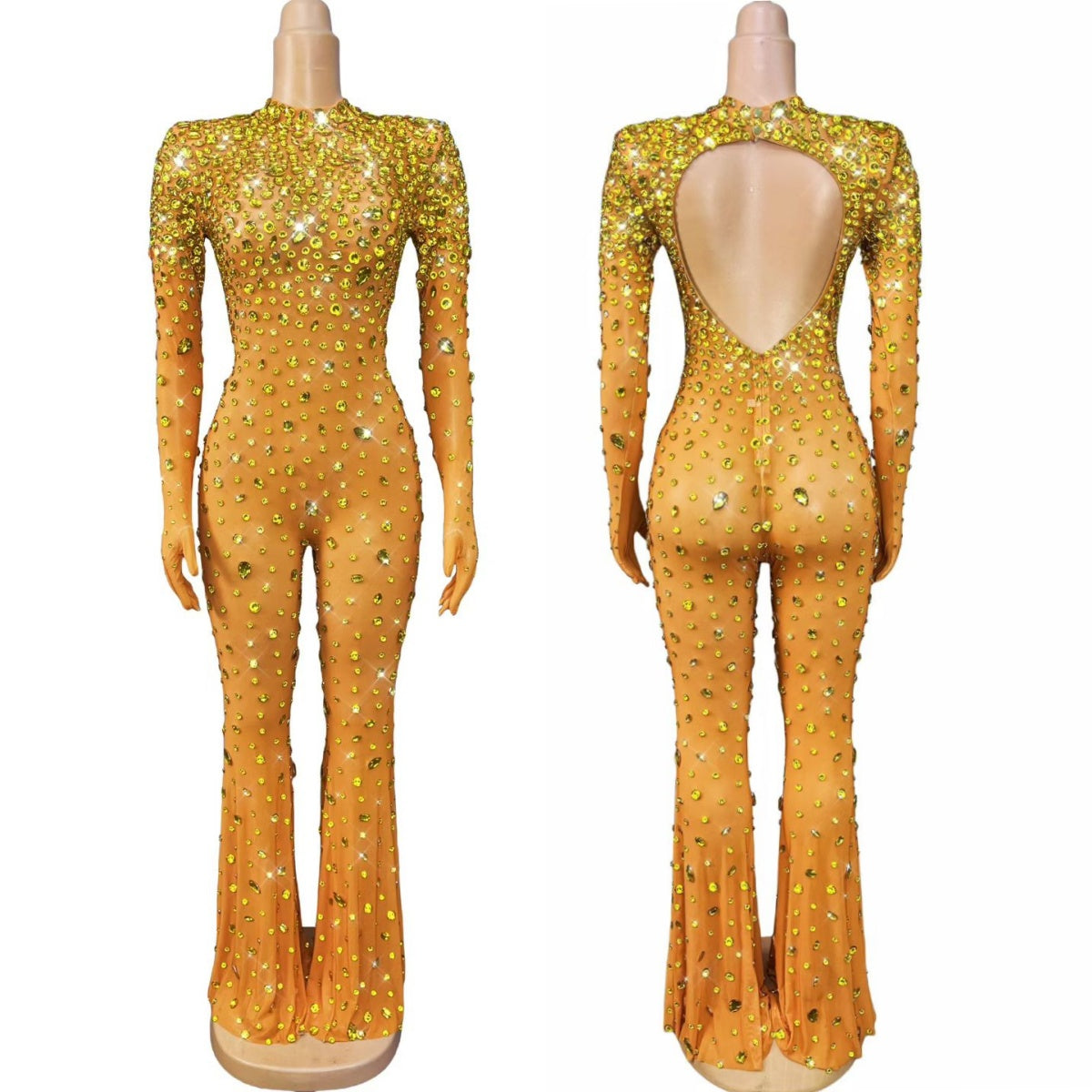 Crystal Rhinestone Event Show See Through Mesh Women Jumpsuit