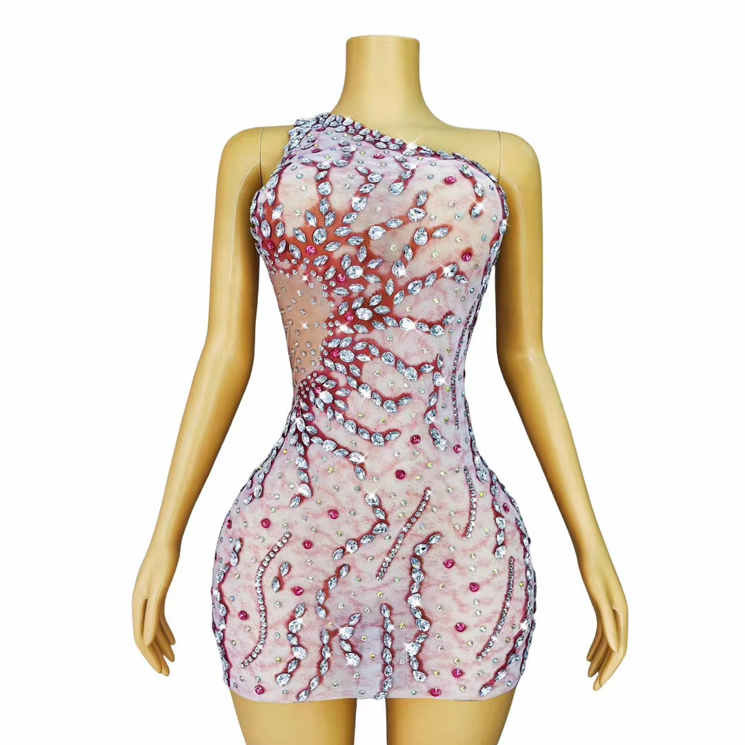 Pink Crystal One-Shoulder Mini Dress – Tide Cycle