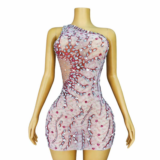 Pink Crystal One-Shoulder Mini Dress – Tide Cycle