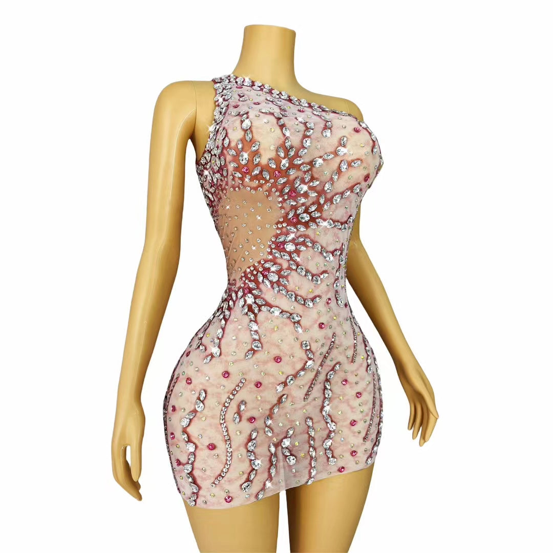 Pink Crystal One-Shoulder Mini Dress – Tide Cycle