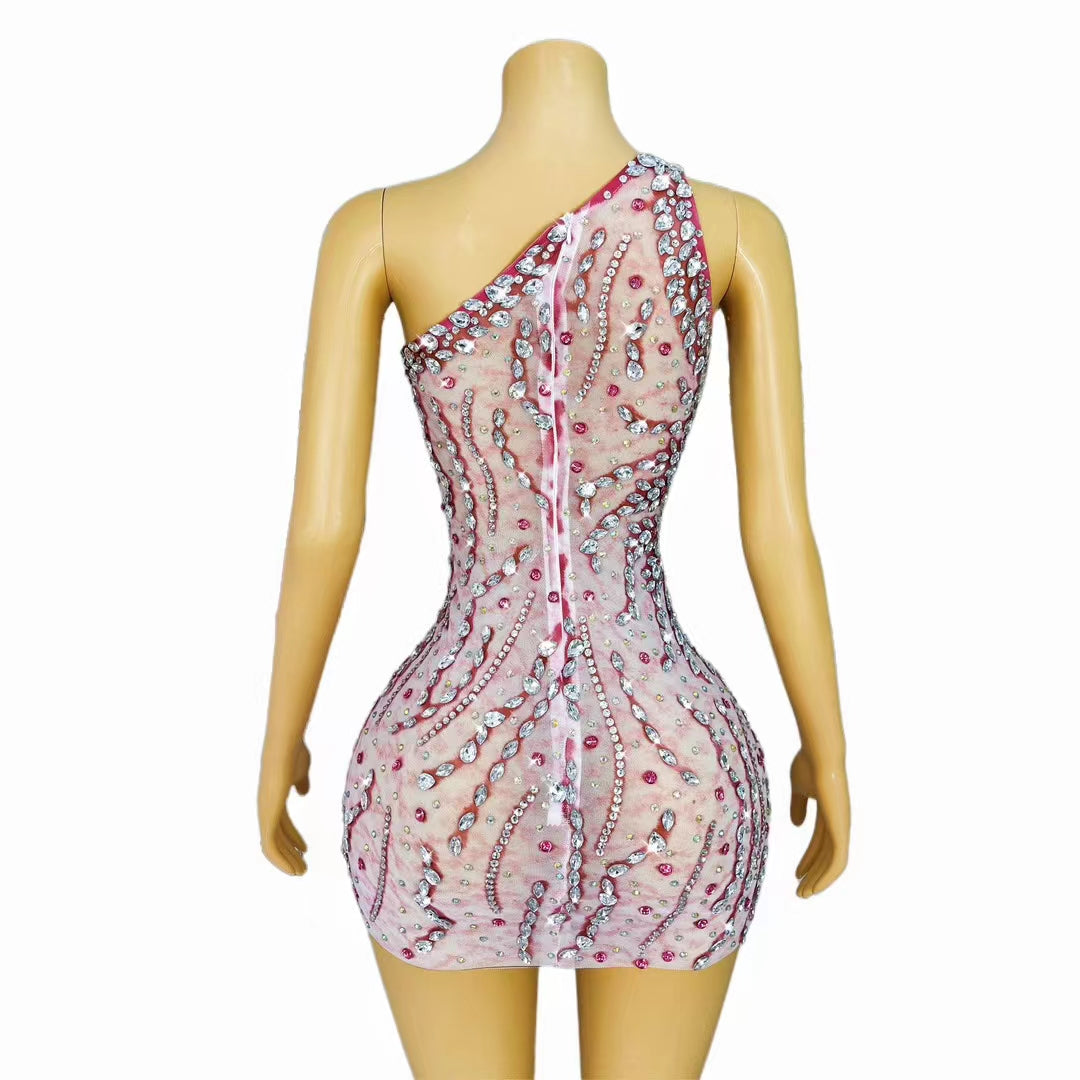 Pink Crystal One-Shoulder Mini Dress – Tide Cycle