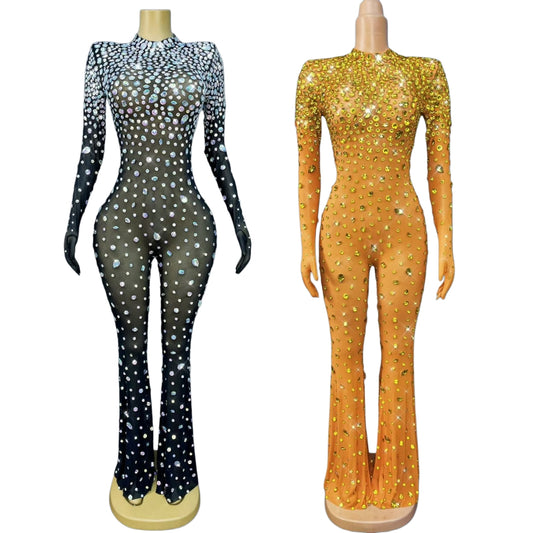 Crystal Rhinestone Event Show See Through Mesh Women Jumpsuit