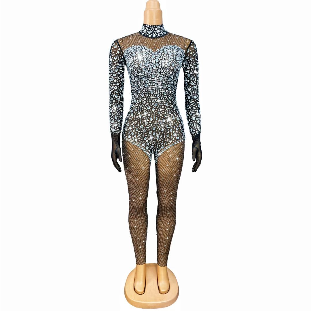 Silver Crystal Rhinestone Fishnet Catsuit Tight Fitting Jumpsuit Bodysuit