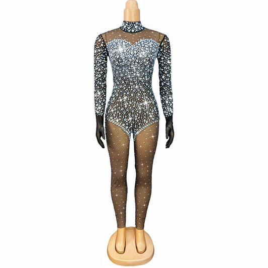 Silver Crystal Rhinestone Fishnet Catsuit Tight Fitting Jumpsuit Bodysuit