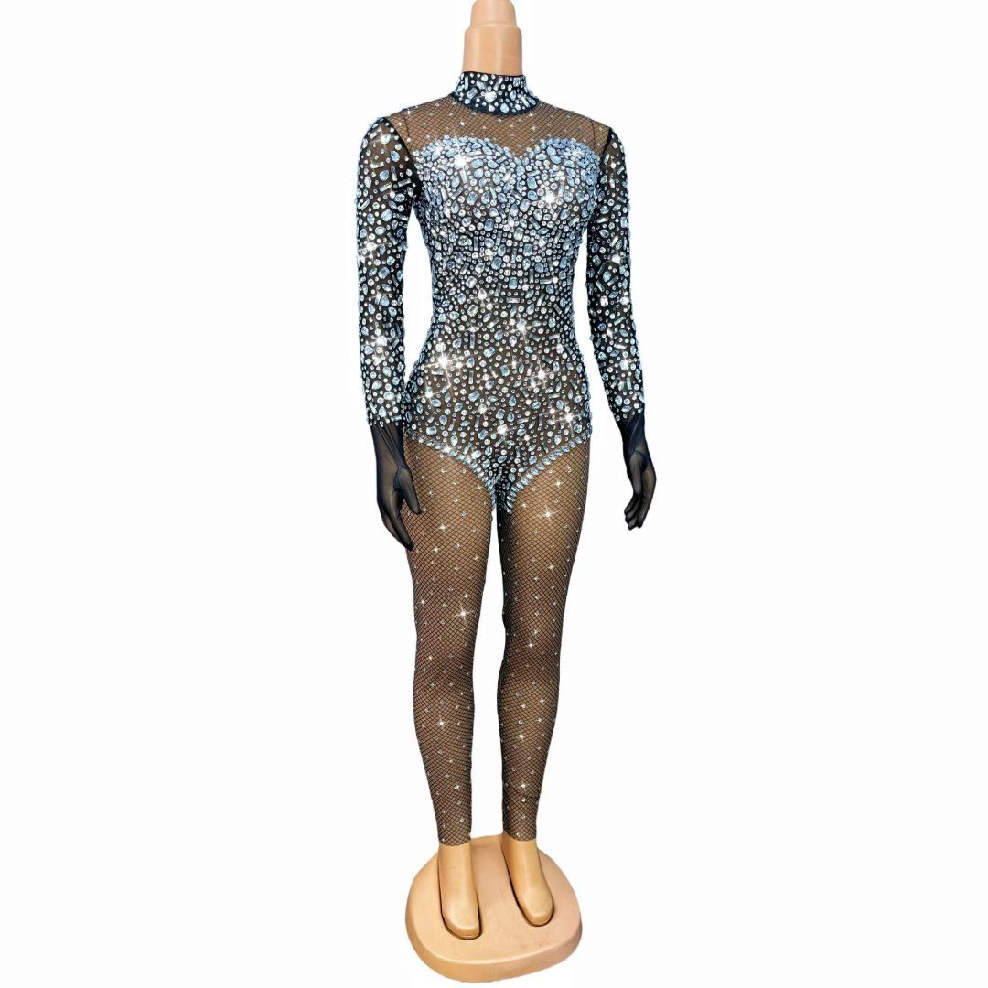 Silver Crystal Rhinestone Fishnet Catsuit Tight Fitting Jumpsuit Bodysuit