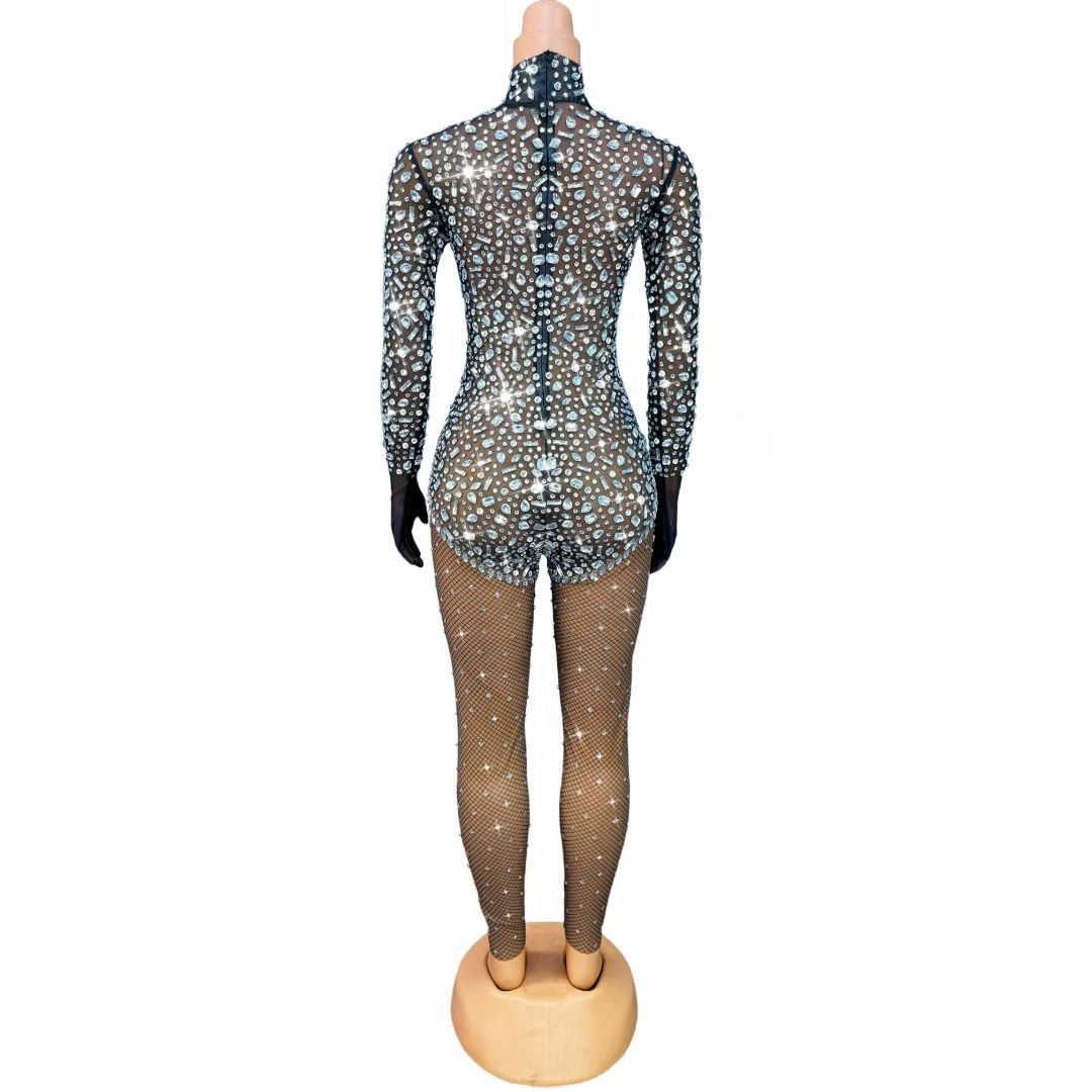Silver Crystal Rhinestone Fishnet Catsuit Tight Fitting Jumpsuit Bodysuit