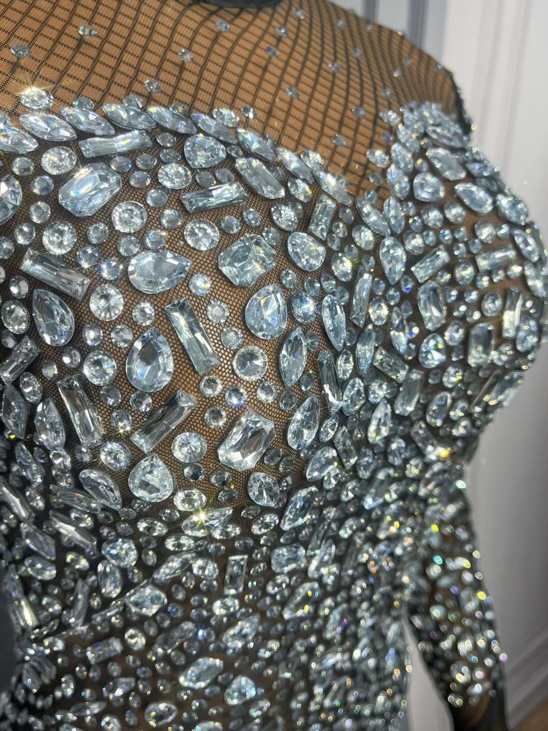 Silver Crystal Rhinestone Fishnet Catsuit Tight Fitting Jumpsuit Bodysuit
