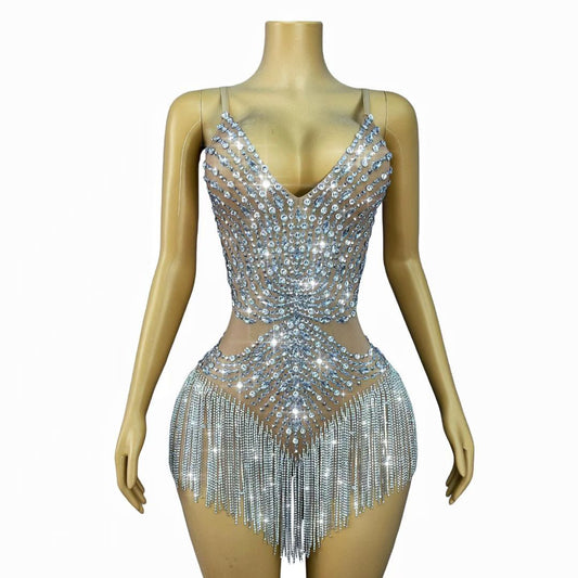 Silver Crystal Tassel Bodysuit | Stage Fringe Costume – Moonlight Cascade