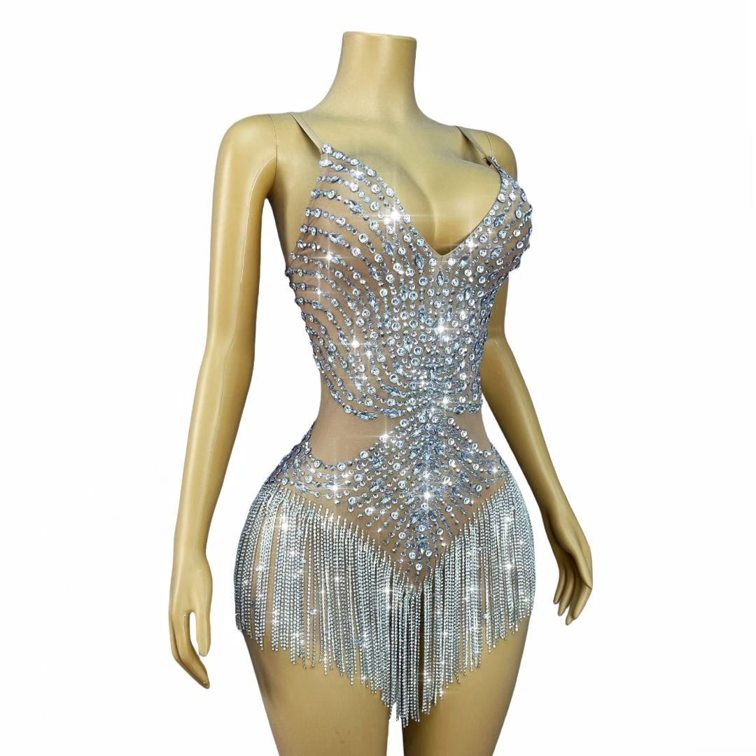 Silver Crystal Tassel Bodysuit | Stage Fringe Costume – Moonlight Cascade