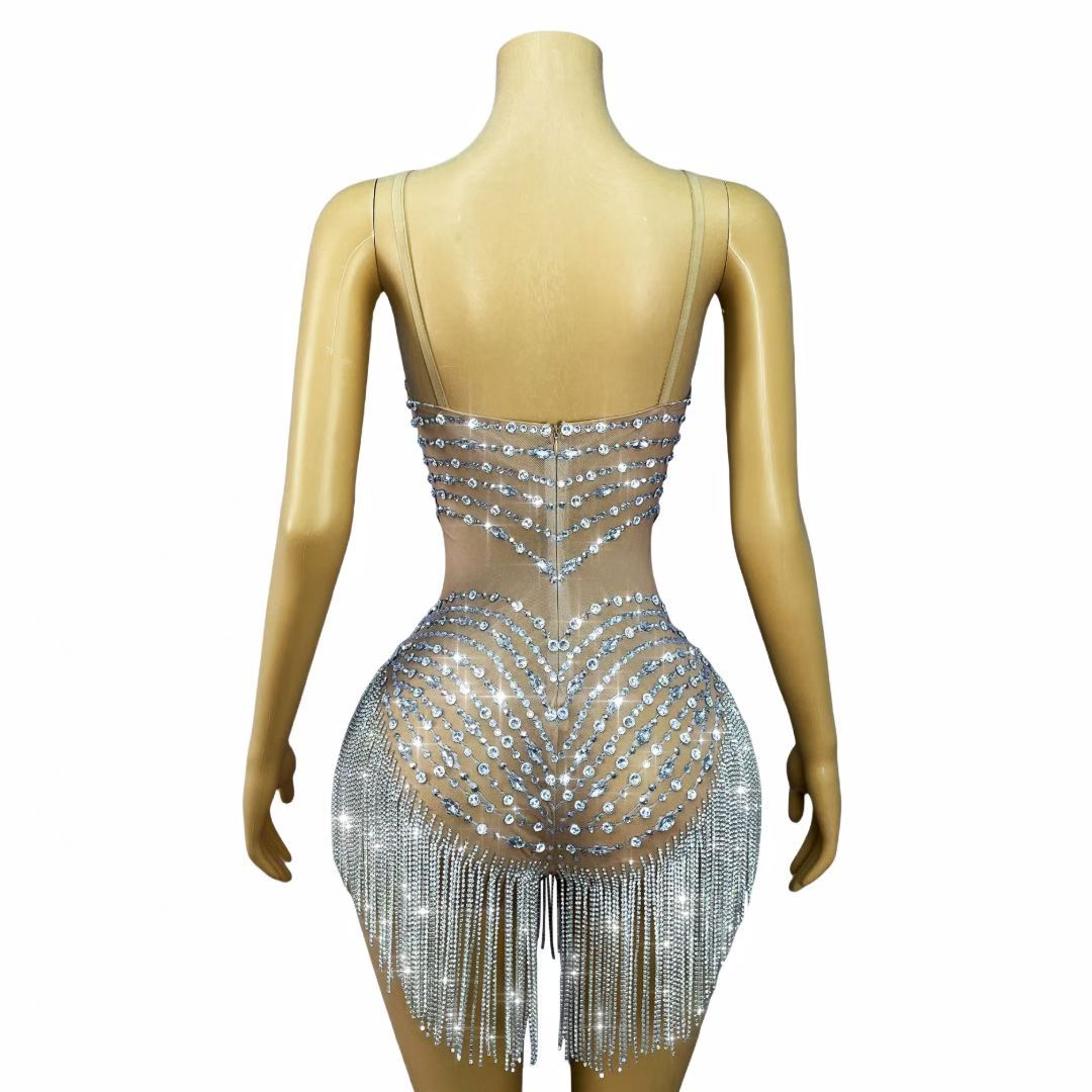 Silver Crystal Tassel Bodysuit | Stage Fringe Costume – Moonlight Cascade