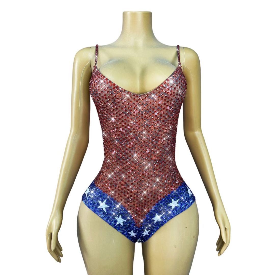 Red & Blue Crystal Star Bodysuit | Hand-Embellished Stage Costume