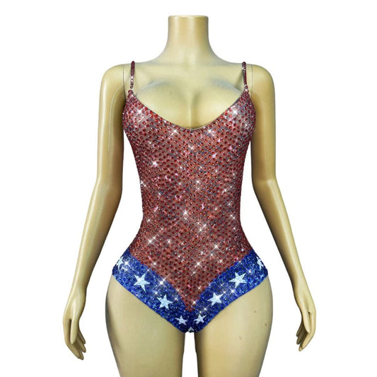 Red & Blue Crystal Star Bodysuit | Hand-Embellished Stage Costume