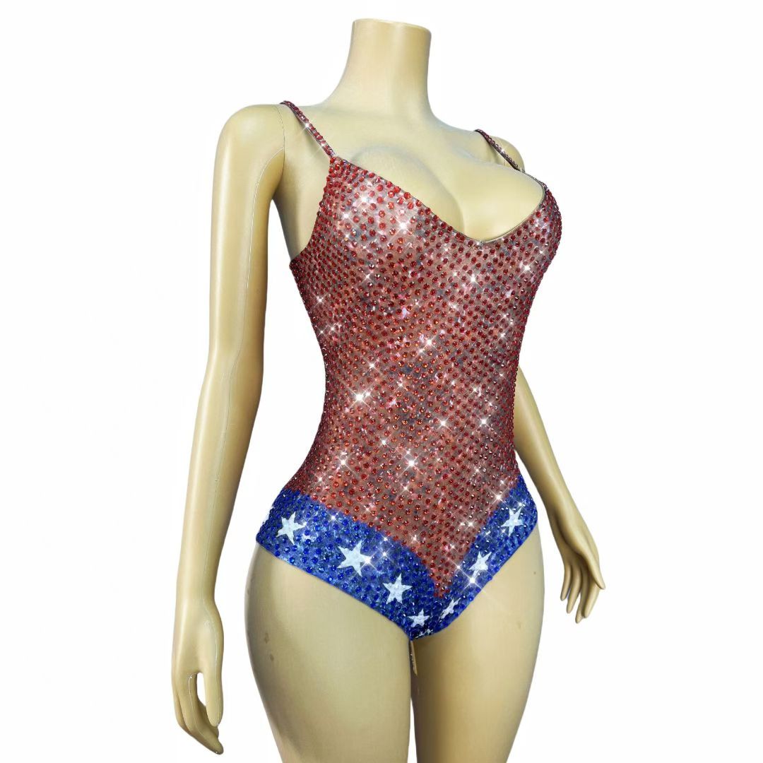 Red & Blue Crystal Star Bodysuit | Hand-Embellished Stage Costume