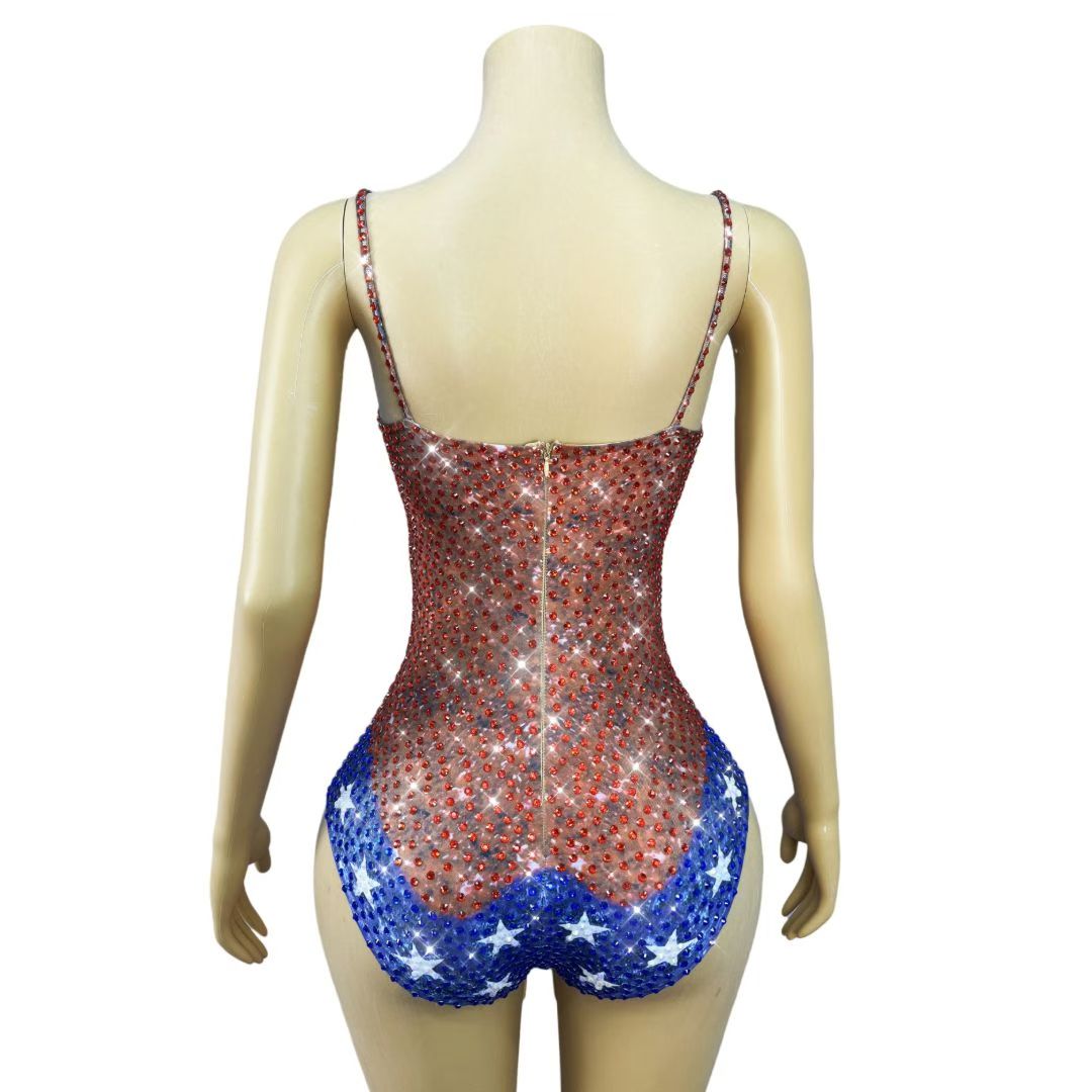 Red & Blue Crystal Star Bodysuit | Hand-Embellished Stage Costume