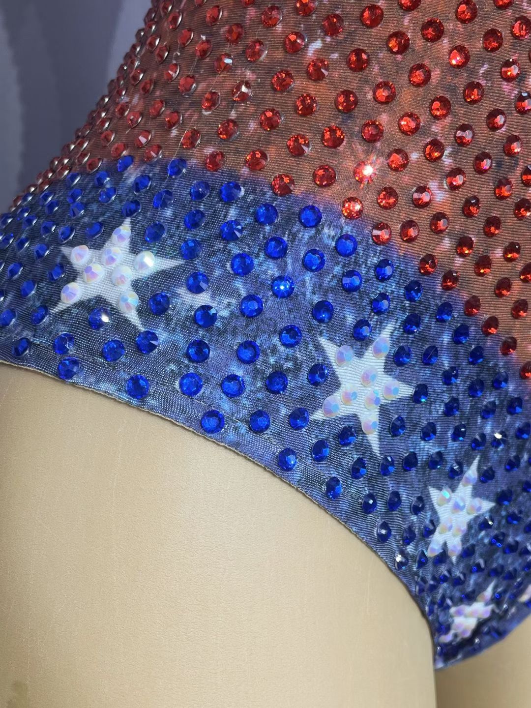 Red & Blue Crystal Star Bodysuit | Hand-Embellished Stage Costume