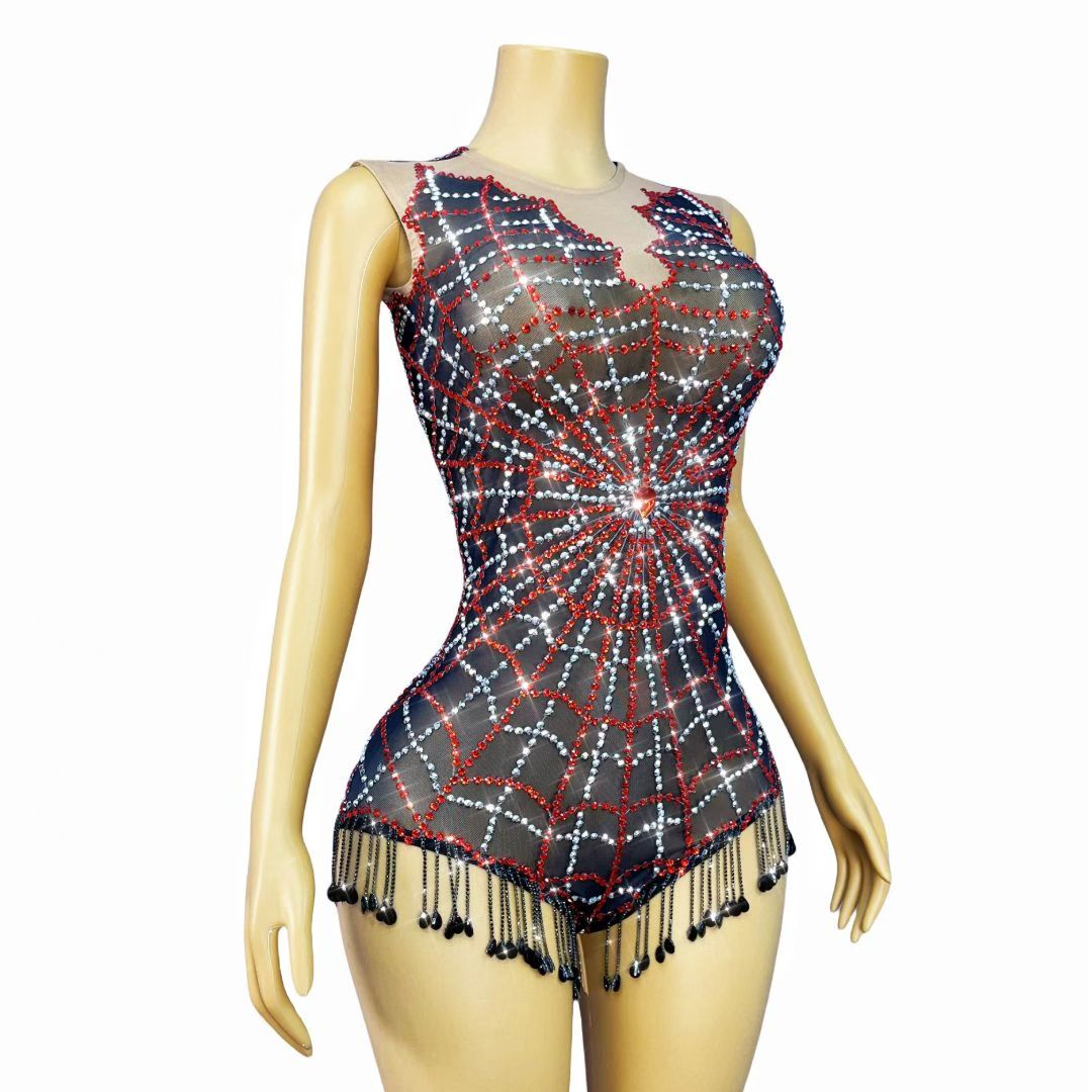Red Crystal Spider Web Rhinestone Bodysuit-Red Spider