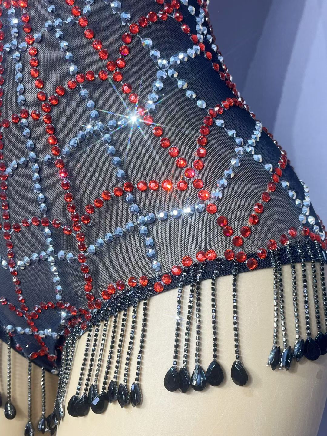 Red Crystal Spider Web Rhinestone Bodysuit-Red Spider
