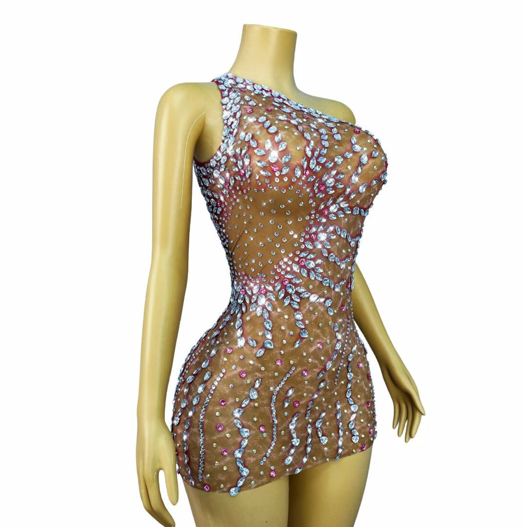 Pink Crystal One-Shoulder Mini Dress – Tide Cycle