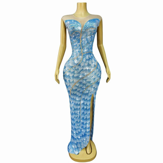 Blue Crystal Mermaid Maxi Dress – Celestia
